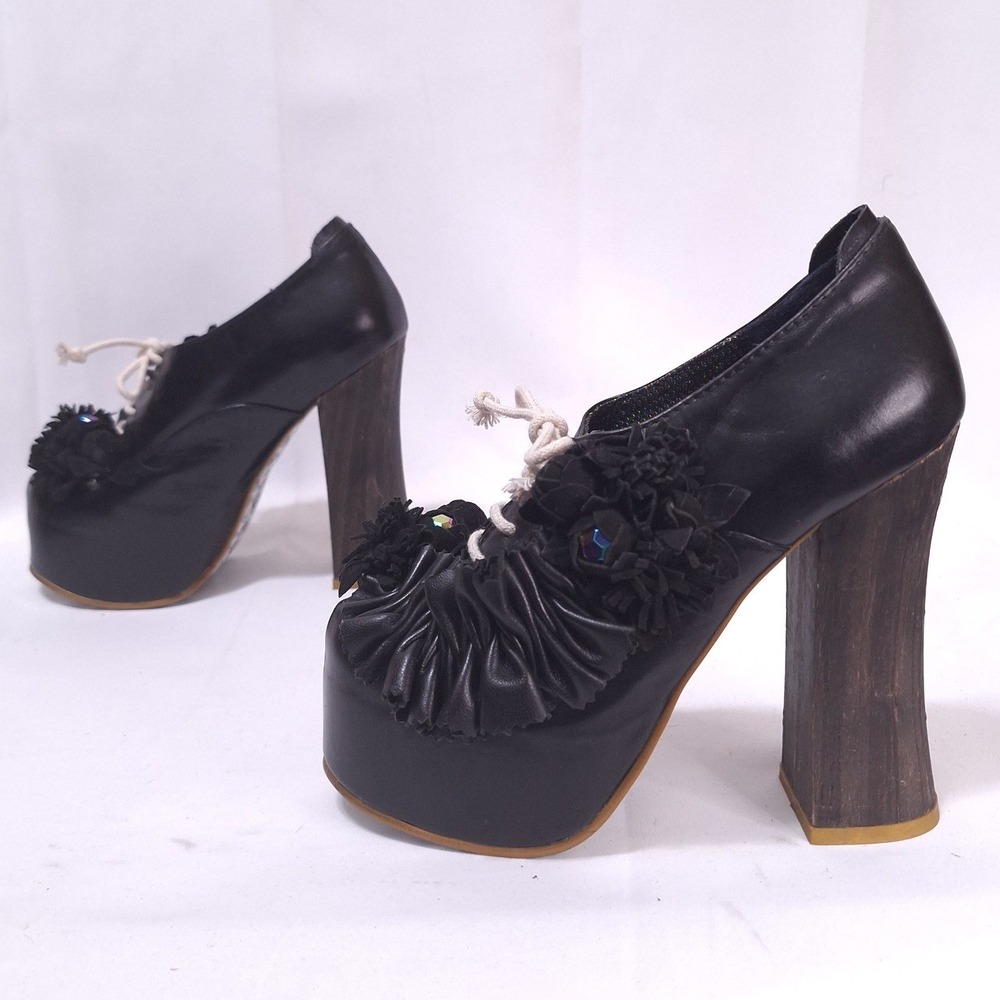 Irregular Choice Pertrisha Leather Floral Ruffle Platform Heels Womens 6.5 Black - Picture 3 of 11